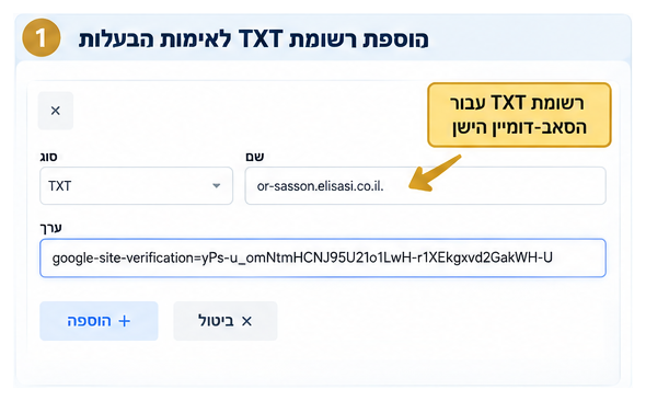 הוספת רשומת TXT לאימות Google Search Console ב-DNS