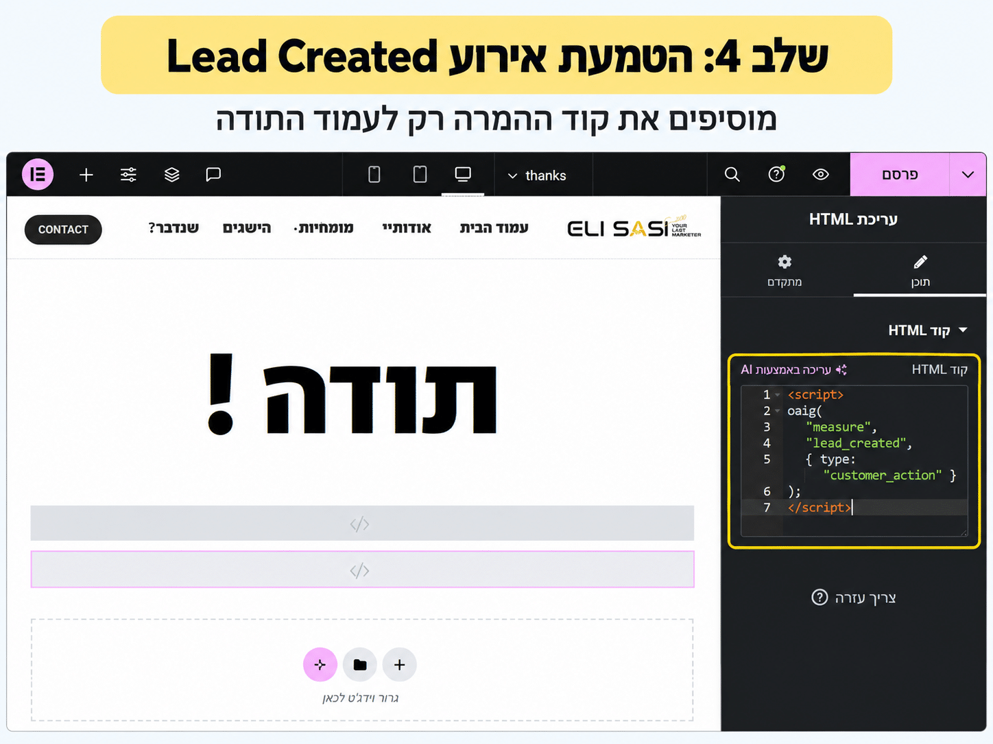 הטמעת Lead Created בעמוד תודה